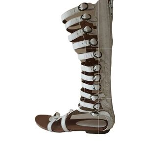 Women's Gladiator Sandals Knee Height - White Zip Up W/ Buckle Accent *